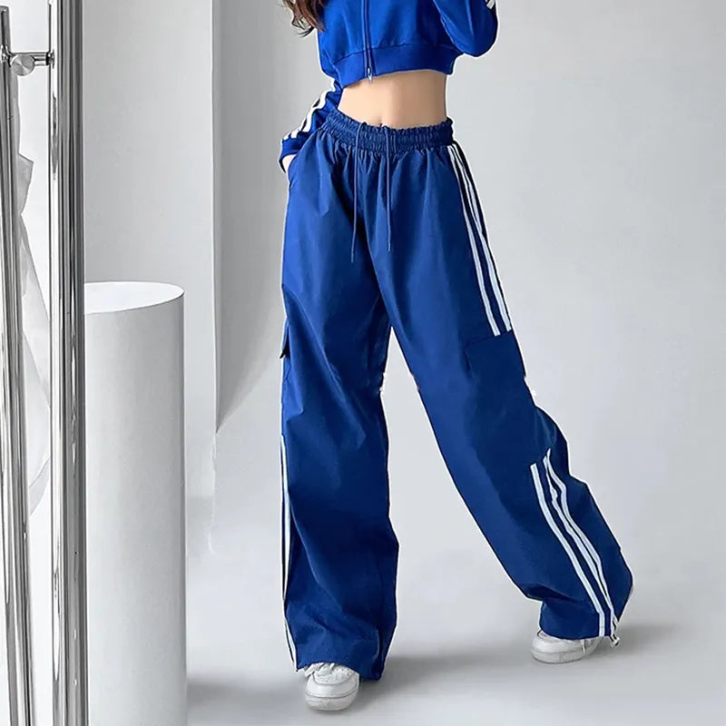 MEXZT Striped Sweatpants Women Hip Hop Streetwear Baggy Wide Leg Cargo Pants Bf Y2K High Waist Drawstring Joggers Trousers