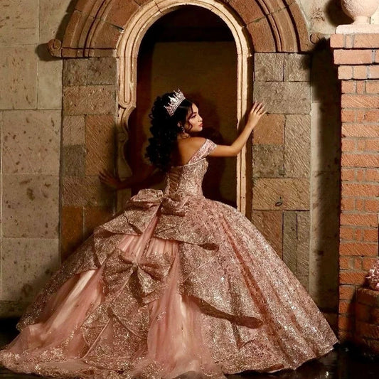 Gorgeous Prom Dress Sparkly Rose Gold Ball Gown Quinceanera Dress With Bow 2024 Sweetheart Applique Bead Birthday Party Sweet 