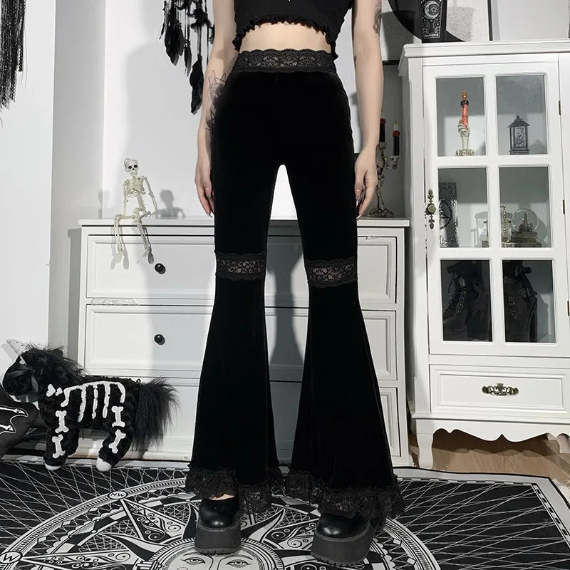 Y2K Velvet Pants Gothic See Through Winter Mesh Patchwork Grunge Streetwear Vintage Black E Girl Leg Belted Flared Pants