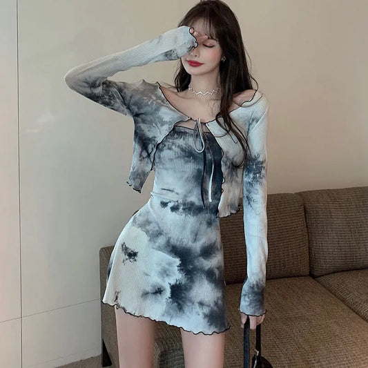 warmmeta-2pcs Set Autumn  Tie-dye Design Sense Tube Top Dress Women Fashion Cardigan Top Two-piece Suit