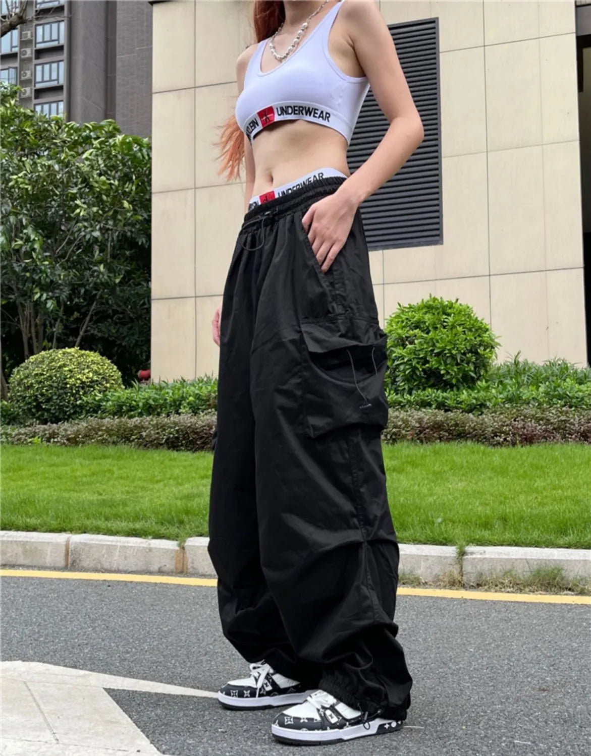 warmmeta Y2K Parachute Black Pants Women Hippie Streetwear Oversize Pockets Cargo Trousers Harajuku Wide Leg Baggy Sweatpants