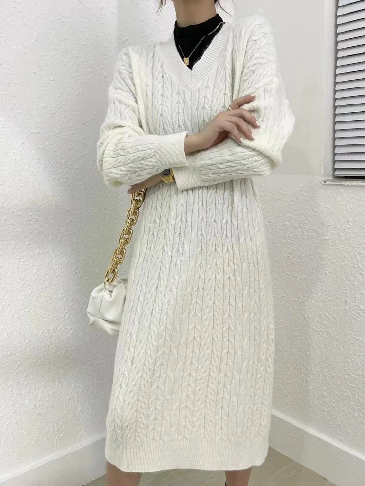 New in Women's Winter Sweater Long Dress 2023 Vintage Elegant V-Neck Pullover Knitted Fashionable Commuting Women's Clothing