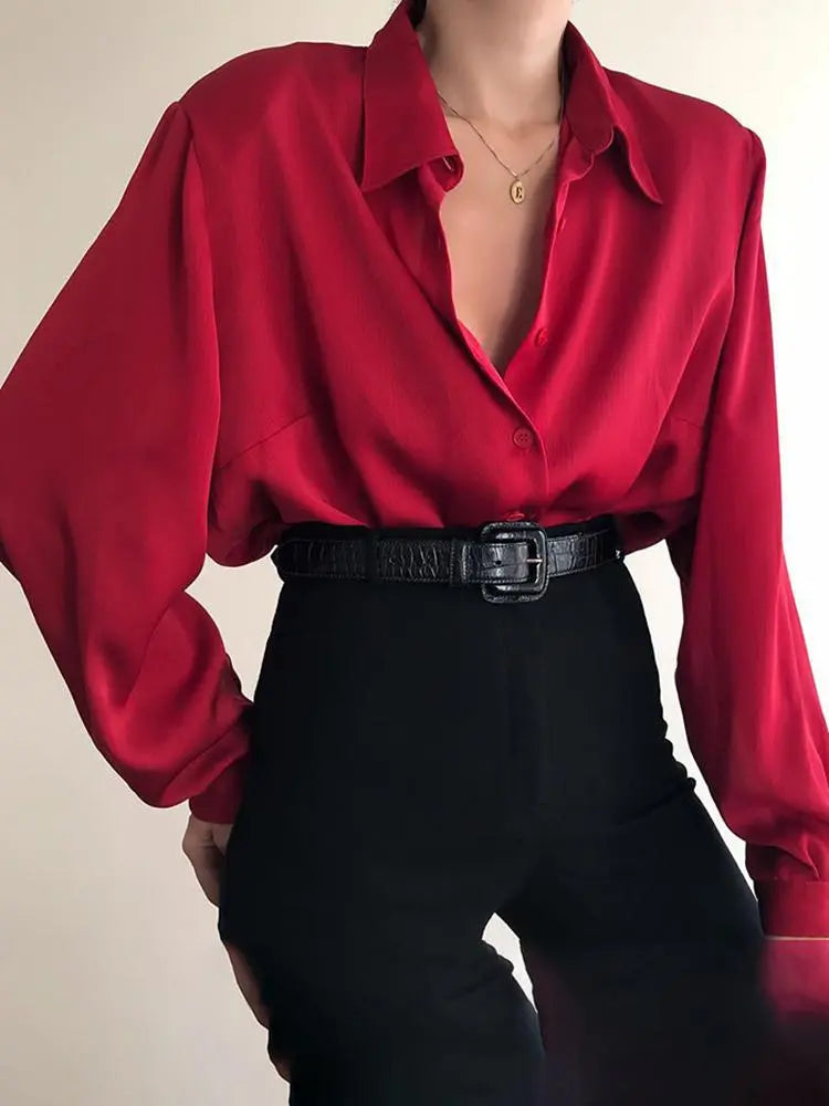 warmmeta Women Button Blouses Turn Down Collar Shirts Office Lady Long Sleeve Casual Blouse Loose OL Shirt Baggy Tops Red/Wine Red /Black