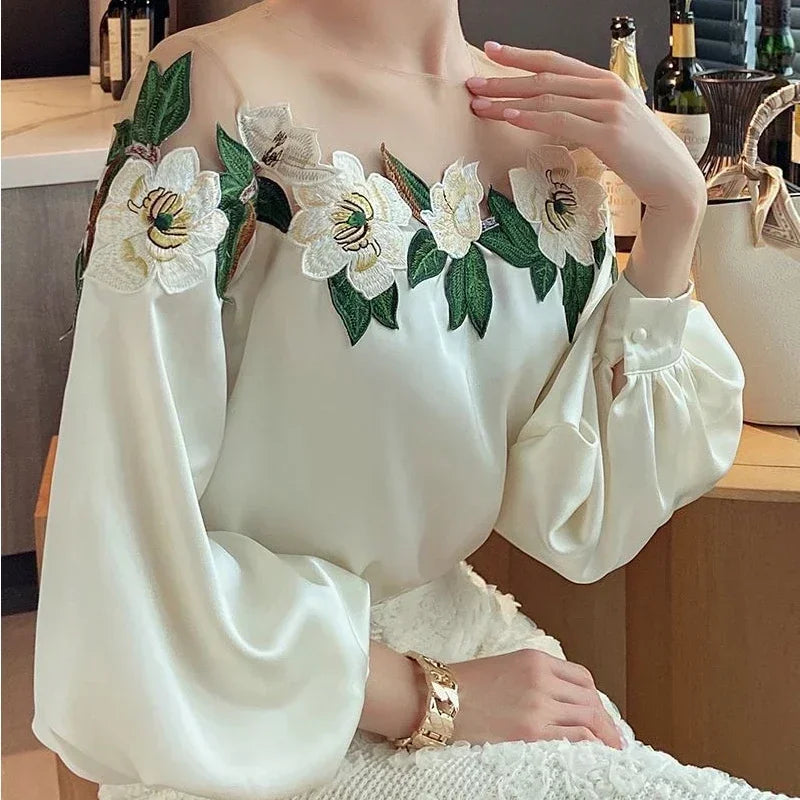 Elegant Embroidered O-neck Blouse Women Fashion Mesh Patchwork Satin Shirt Spring New Long Lantern Sleeve Women's Clothes