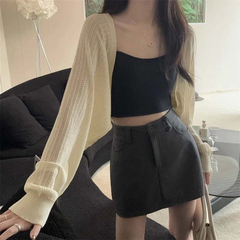 Rimocy Sunscreen Crop Knit Cardigan Women Korean Style Solid Color Thin Cardigan Coat Woman Simple Long Sleeve Smock Top Ladies