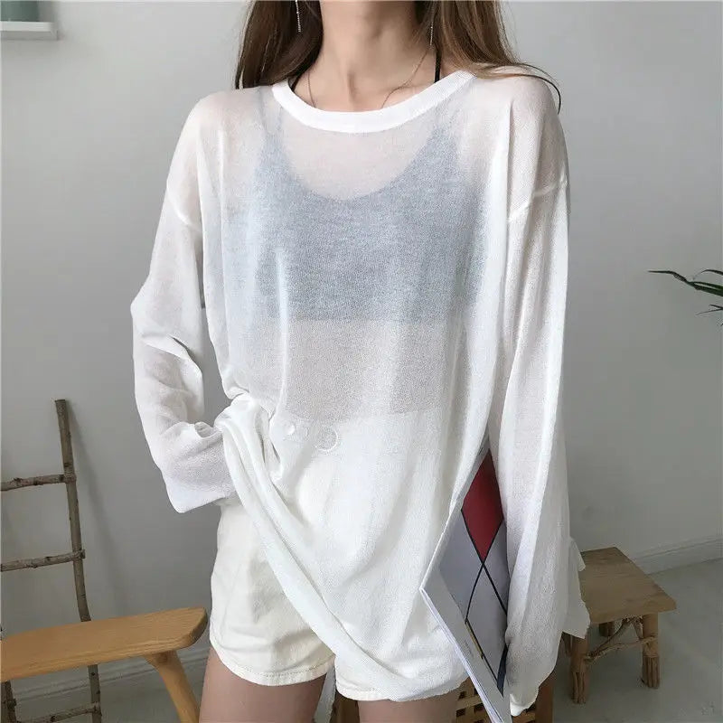 Sun-protection Long Sleeve Breathable T-shirts Women O Neck Solid Sexy See Through Black White Loose Unisex Shirts Casual Tops