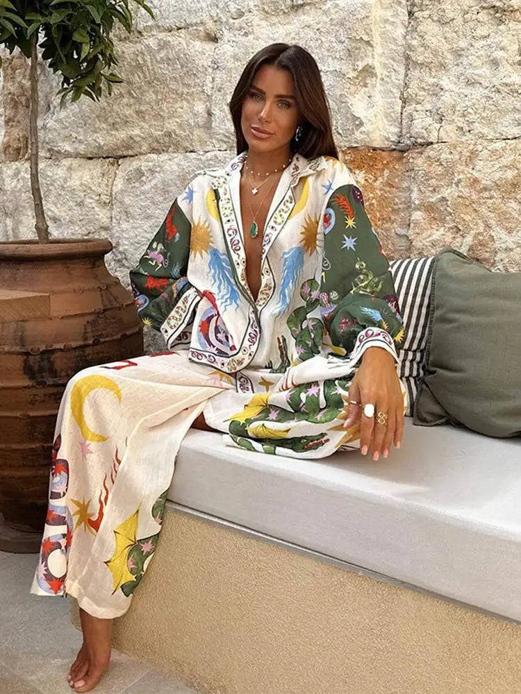 Fashion Lapel Button Print Shirt Suits For Women Causal Loose Wide Leg Pants 2 Piece Sets 2024 Summer High Street Female Outfits