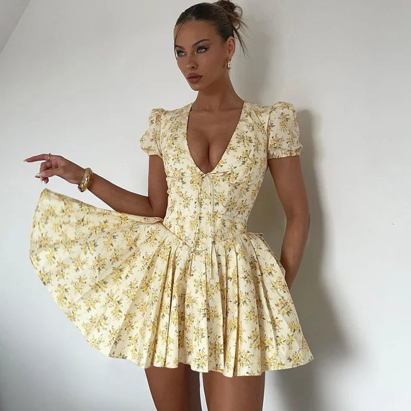 Little Yellow Flower Print Mini Dress for Women Sexy V-neck High Waist Slim A-line Dresses 2024 Ladies Elegant Chic Vestidos