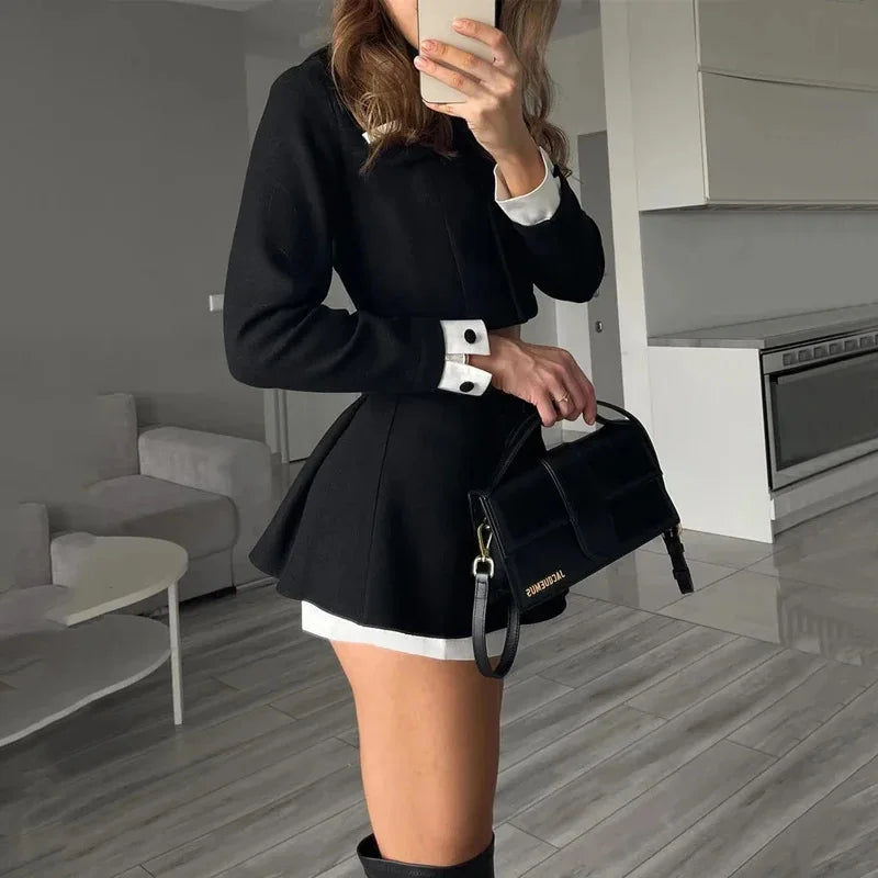 Tweed horts Skirt Two Piece Set Women Elegant Long Sleeve Single Breasted Jacket Woman Shorts 2 Suits Lady Outfits 2024