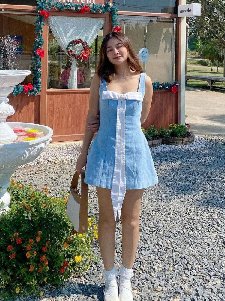 Picsgirl -  Bow Denim Dress For Women 2024 New Sleeveless Summer Sundress Woman Street Casual Backless Mini Dresses Womens Streetwear