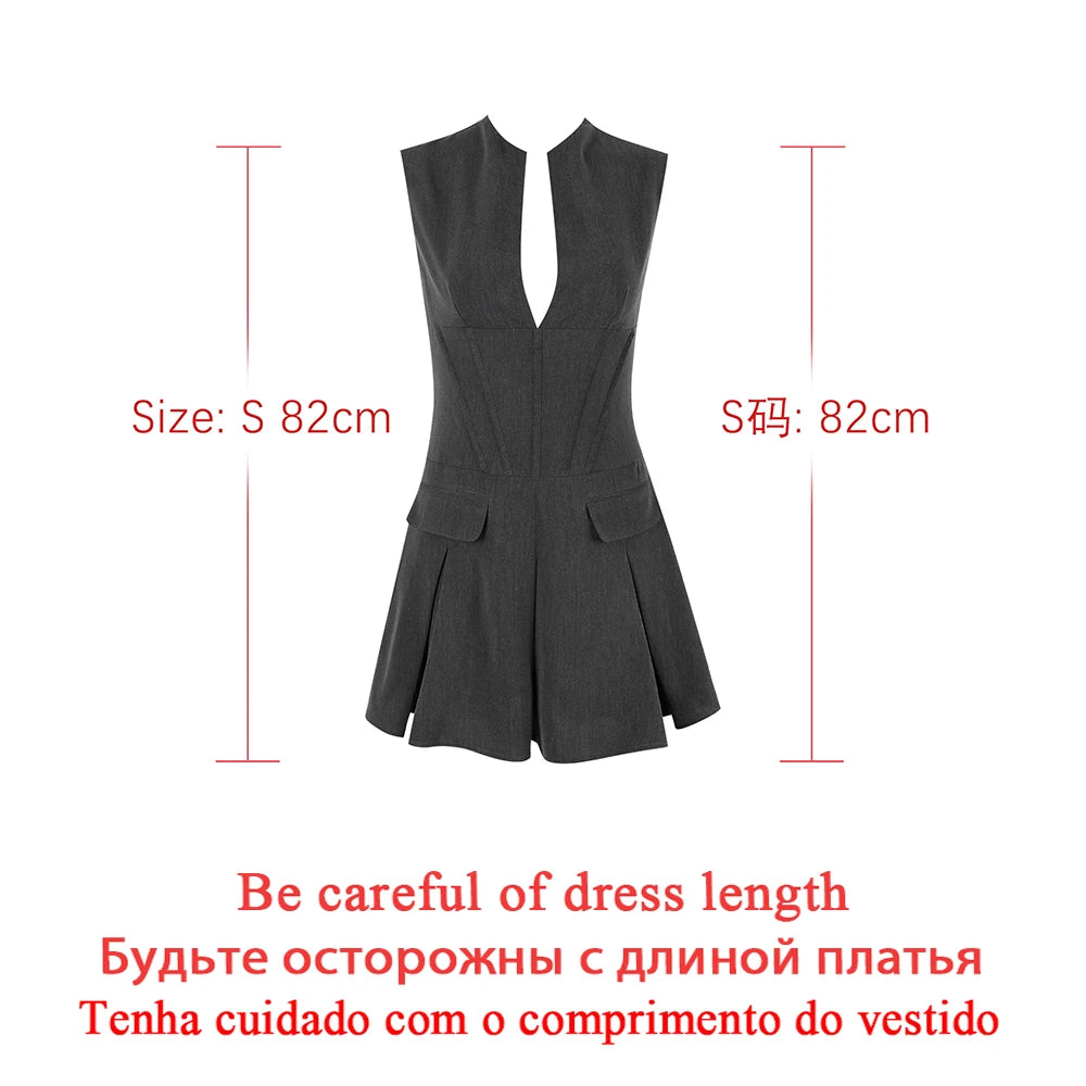 Autumn Women Office Lady Blazer Dress Sleeveless Casual Fashion A Line Dress with Pocket Gray Women's Clothing