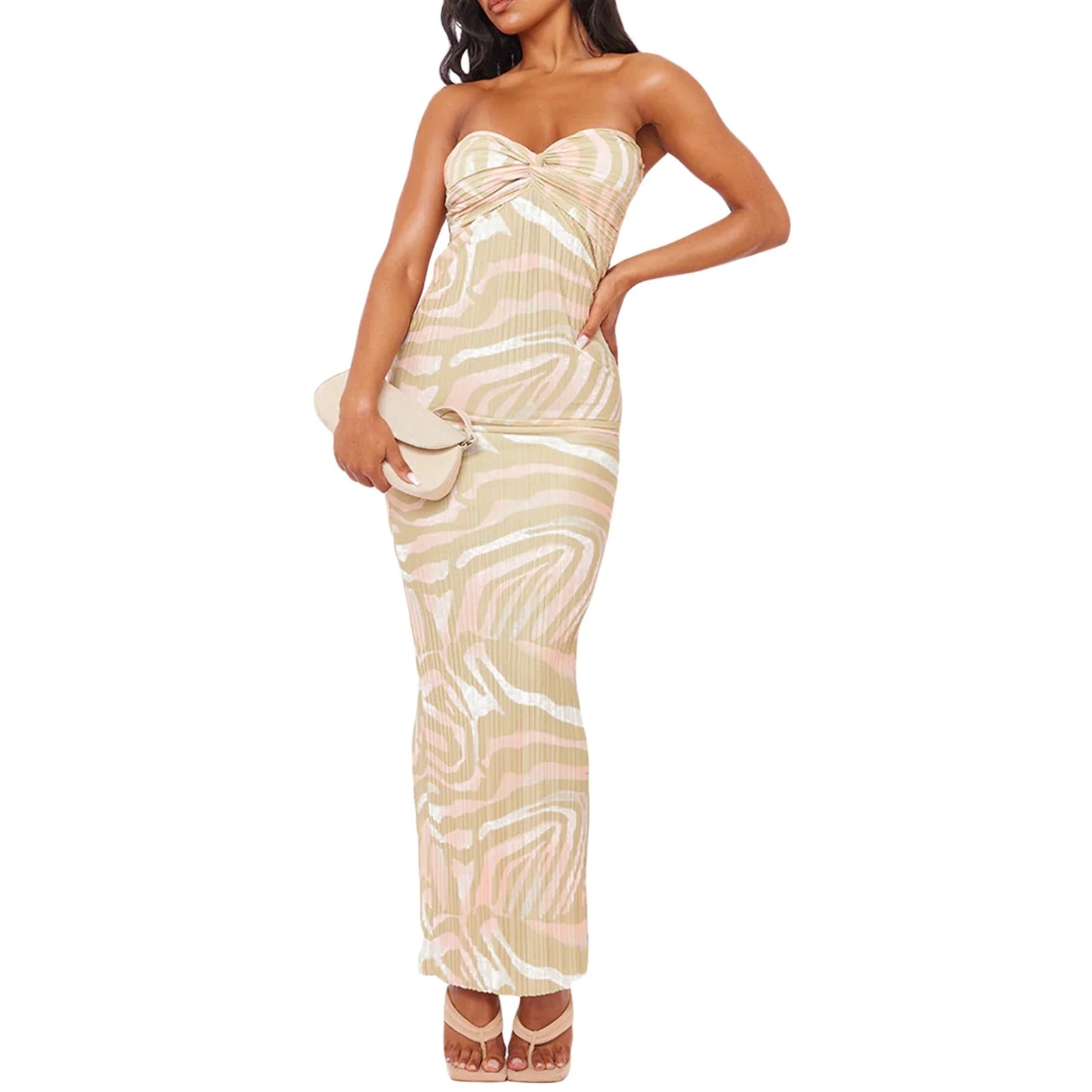 warmmeta-chic and elegant Women Tube Dress Strapless Backless Hollowed Striped Patchwork Long Dress Clubwear robe femme