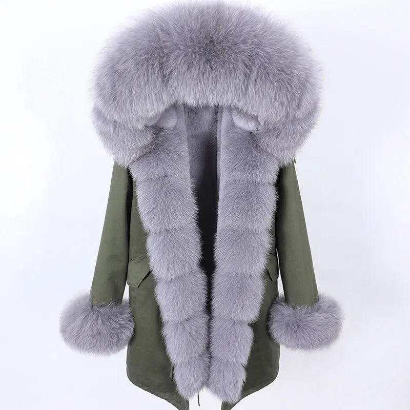 warmmeta Natural Real Fox Fur Jacket Hooded Black Waterproof Woman Winter Warm Coat Parkas Luxury Jacket Female Clothing