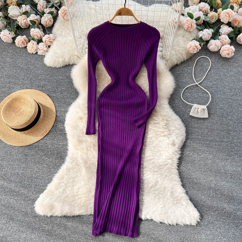 Winter Women Knit Maxi Dress O Neck Autumn Long Sleeve Slim Solid Harajuku Ladies Fashion Pencil Sweater Long Dresses