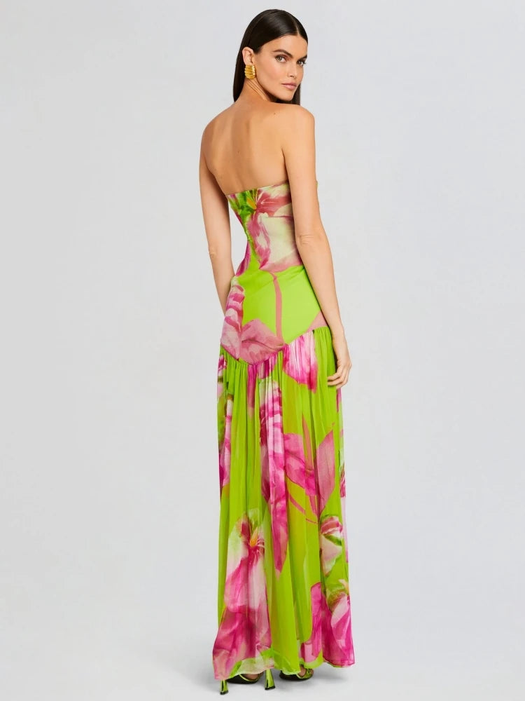 Summer Sexy Strapless Print Slit Long Dress Women Green Sleeveless Printed Floral Dresses Beach Holiday Party Sundress