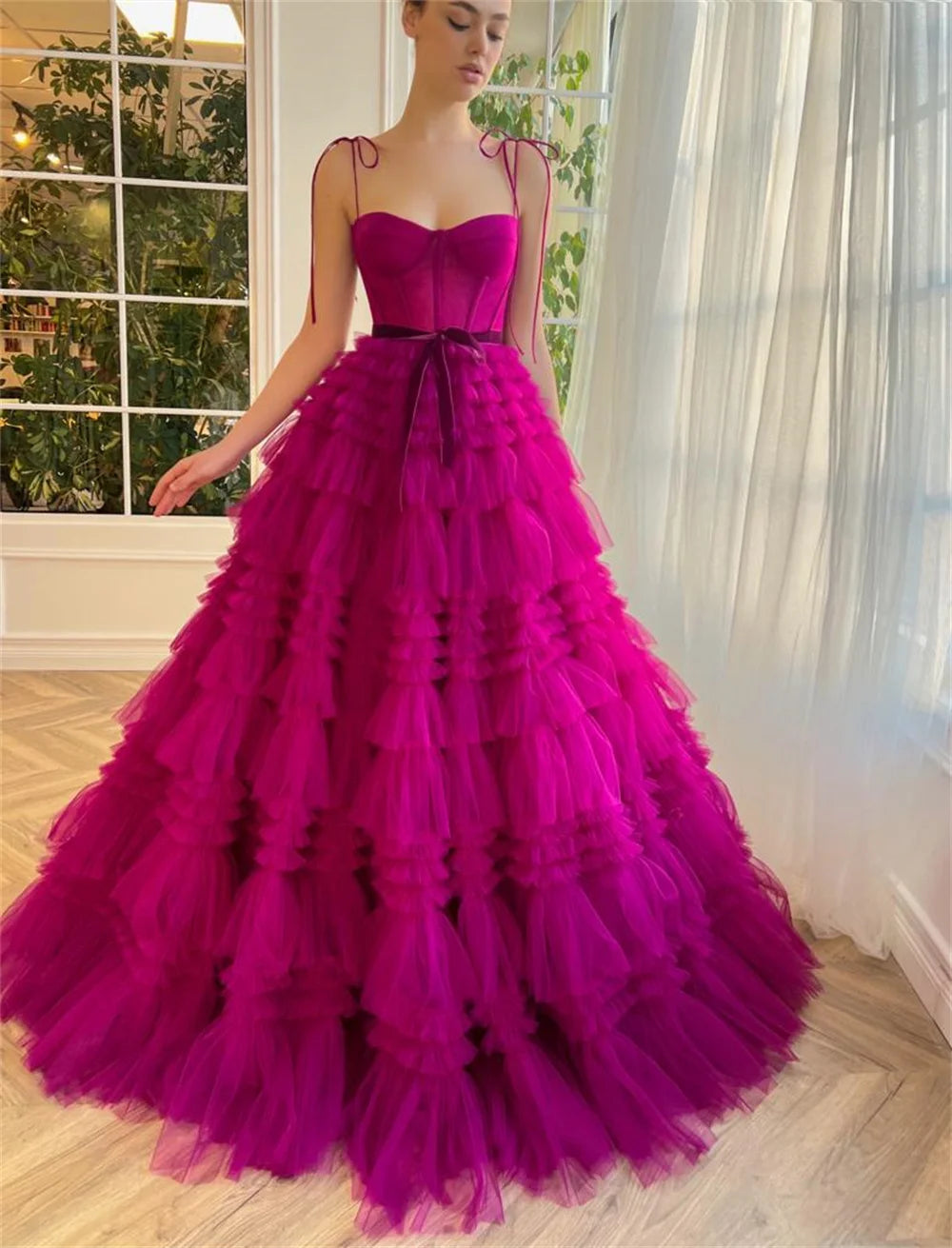 Gorgeous Prom Dress Sexy Spaghetti Strap Fuchsia  Multilayer Tulle A-line Prom Dress Princess Puffy