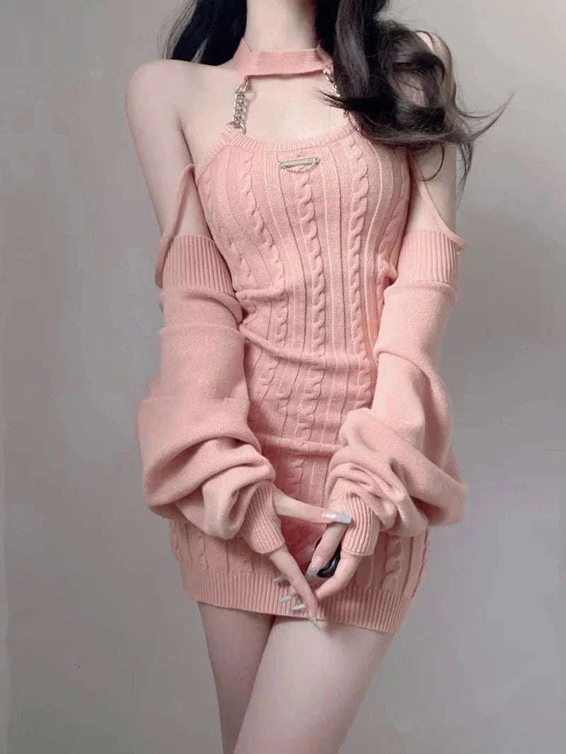 warmmeta knitted Two Piece Sets Fashion Hot Girl Outfits For Women Suit Crop Top pink cardigan Female Mini Wrap knitted dresses Woman