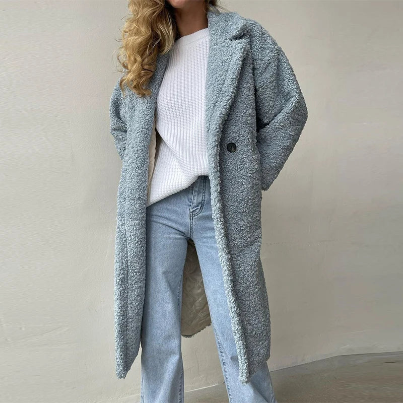 Fashion Lambswool Long Coat Women Lapel Long Sleeve Pockets Buttons Female Overcoat Autumn Winter Thickening Warm Lady Outwear