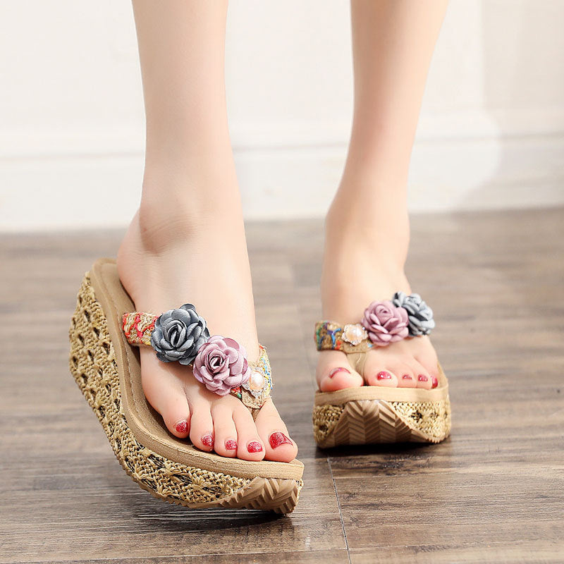 7 CM High Heel Women Wedge Non-Slip Outdoor Slipper Summer Beach Shoes Female Floral Flip-Flop Bohemian String Bead Lady Sandals