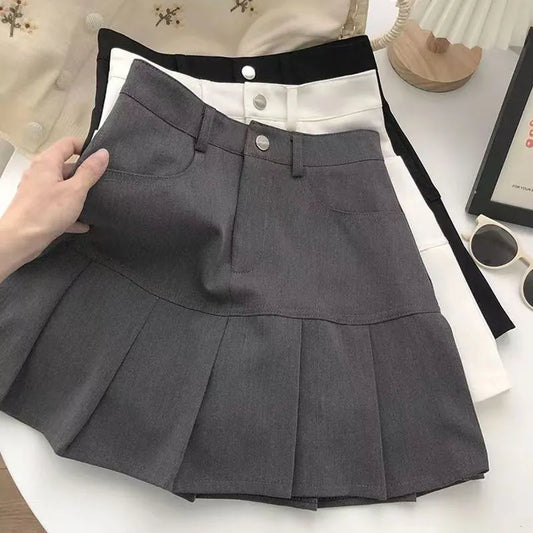 warmmeta Y2K Vintage High Waist Pleated Skirt Women College Style Uniforms Safety Pants Mini Skirts Woman Korean Street Slim A-Line Skirt