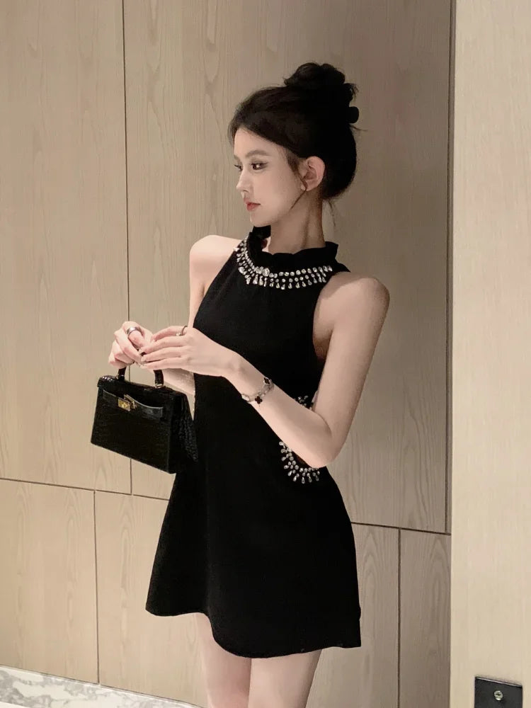 WARMMETA Elegant Mini Dresses Women Rhinestone Hollow Out French Style Ruffled Collar Slim Sleeveless Off Shoulder Black Sexy