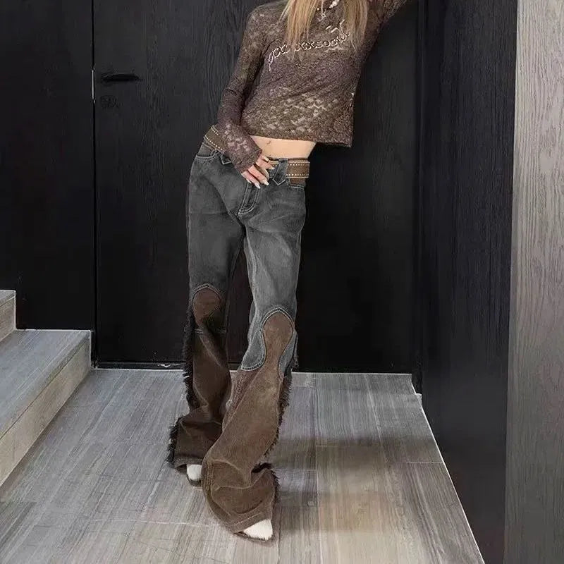 Distressed Panelled Fringed Micro-Flare Jeans European And American Retro Fashion Straight Pants High Street Loose Casual Pants