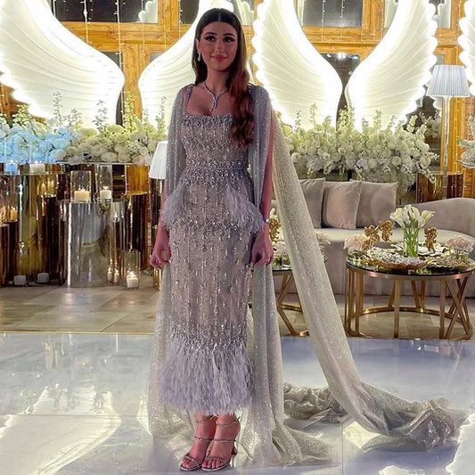 Gorgeous Prom Dress  Bling Gray Mermaid Arabic Evening Dress with Cape Luxury Feather Dubai Formal Dresses for Women Wedding Party SS279