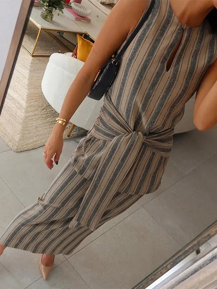 Chic Striped Printed Hollow Out Skirts Suit Women Elegant O Neck Lace Up Tank Midi Skirt Set Summer Office Lady Vacation Outfit