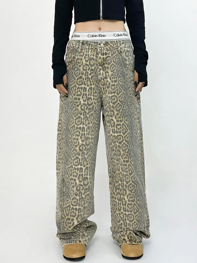 Retro Spring Trendy Leopard Print Jeans Women's American High Street Trousers Y2K Harajuku Style Baggy High Waist Casual Pants