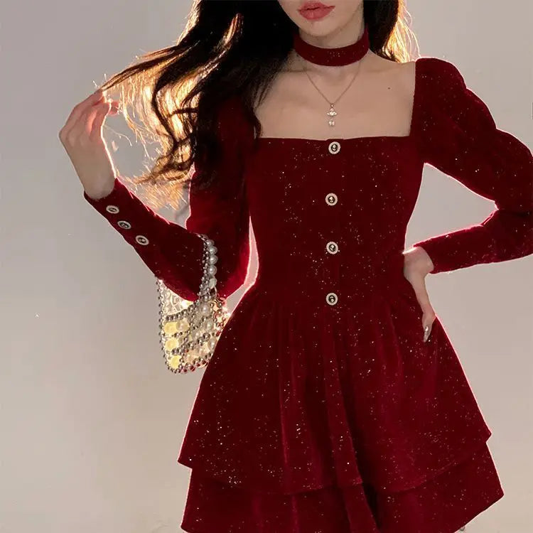 WARMMETA Hot Girl Red Velvet Dress Women's Autumn/Winter Christmas Square Collar Long-sleeved Slim Fit A-line Dress Female Clothes