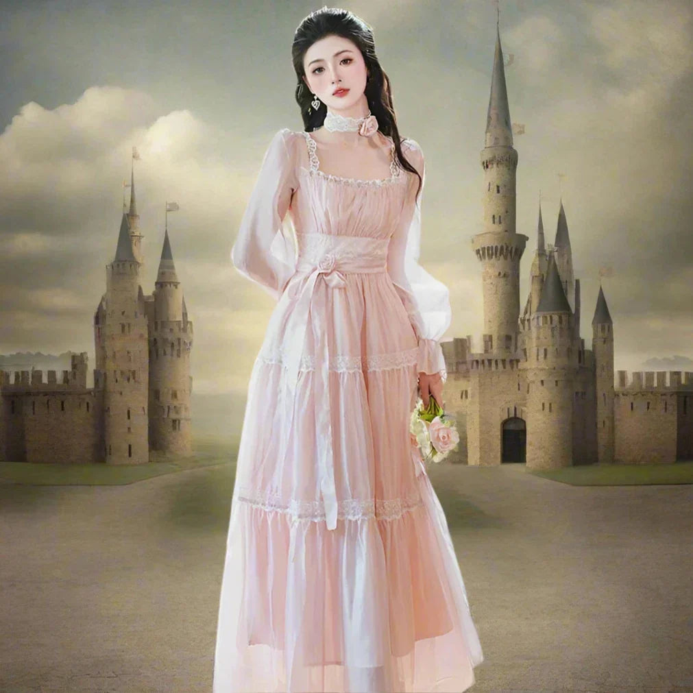 Rosepetal River Fairycore Princess Dress with Choker Necklace