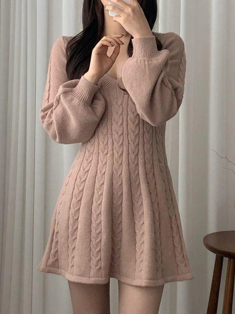 Knitted Mini Dresses Women Autumn Winter Lantern Sleeve V Neck Sweater Dress Female Korean Fashion Preppy Style Casual Dresses