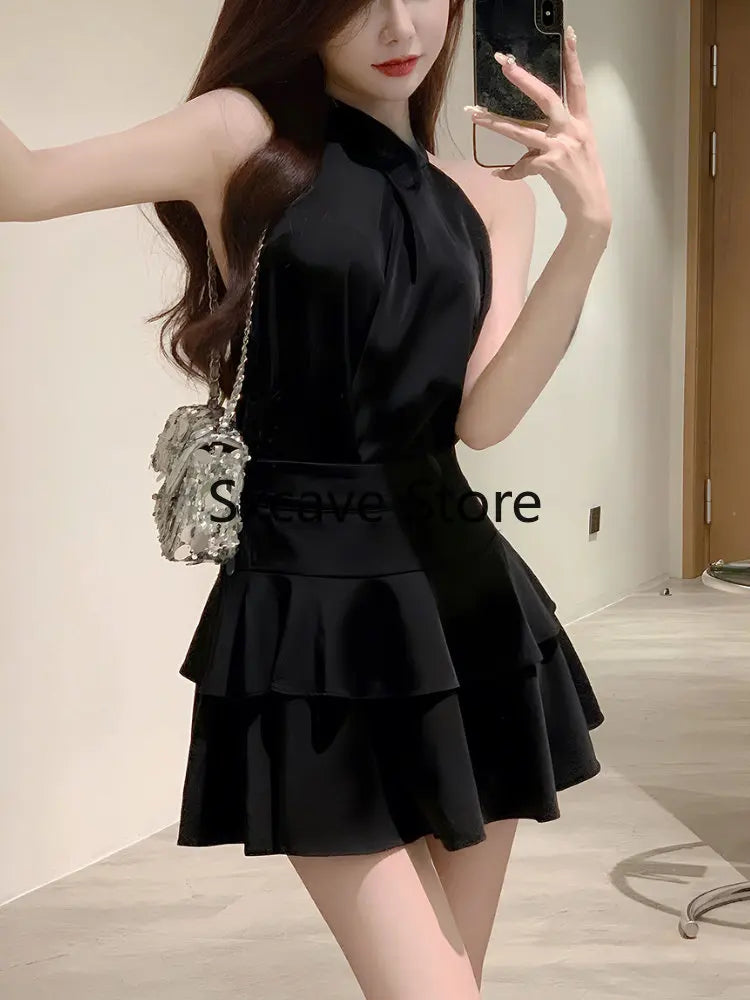 Elegant Satin 2 Piece Dress Set Women Summer Sleeveless Y2k Crop Tops + Mini Skirt Female Even Party Black Dress Korean