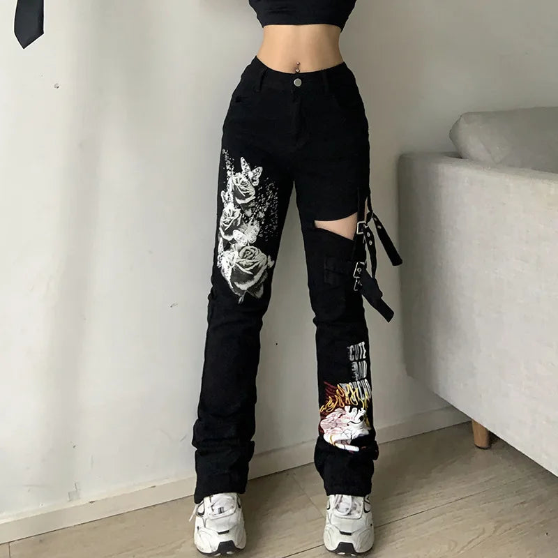 Women's Gothic Black Cargo Pants Aesthetic Harajuku Bandage Goth Pant Y2K Streetwear Vintage Punk Wide Leg Baggy Trousers