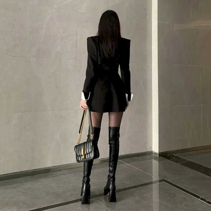 UNXX Black Two Piece Dress Set Women Blazer Coat+Strap Dress Set Female Casual Korean Fashion Slim Elegant Dress Suit 2023spring