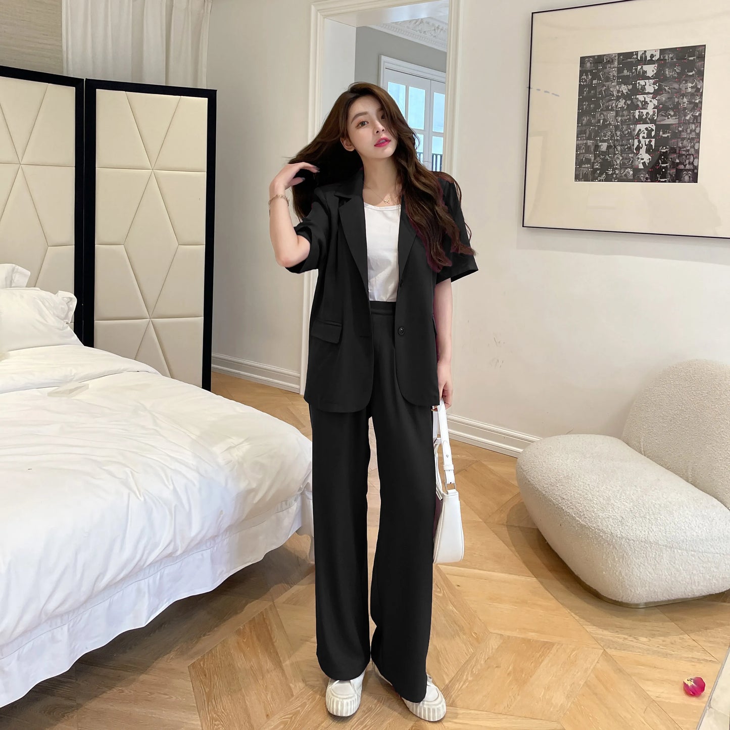 Summer Casual Women's Short-sleeved Blazer & Wide Leg Pants Women's Office Women's Suit Korean Version 2 Piece Sets Women Outfit