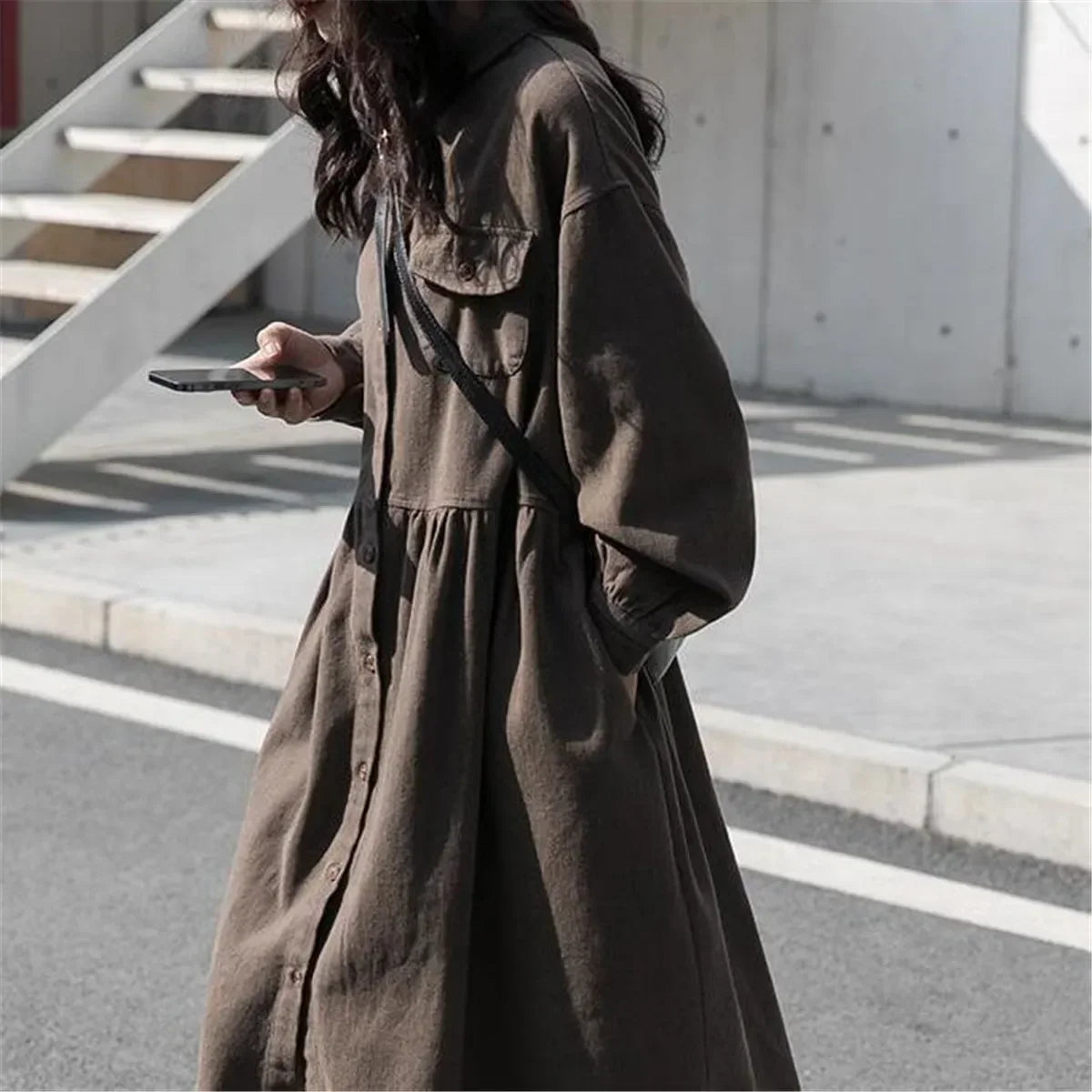 Fashion Winter Dress Loose Shirt Ruffle Long Sleeve Dress Robe Harajuku Vintage Dress Lady T Shirt Streetwear Solid Casual Dress