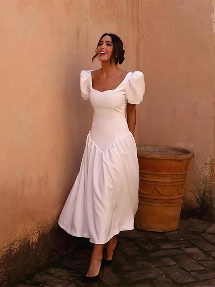 Picsgirl -  Women Elegant Solid Loose Maxi Dress Fashion Square Neck Short Sleeve A Line Dresses 2024 Lady Chic High Street Vestidos