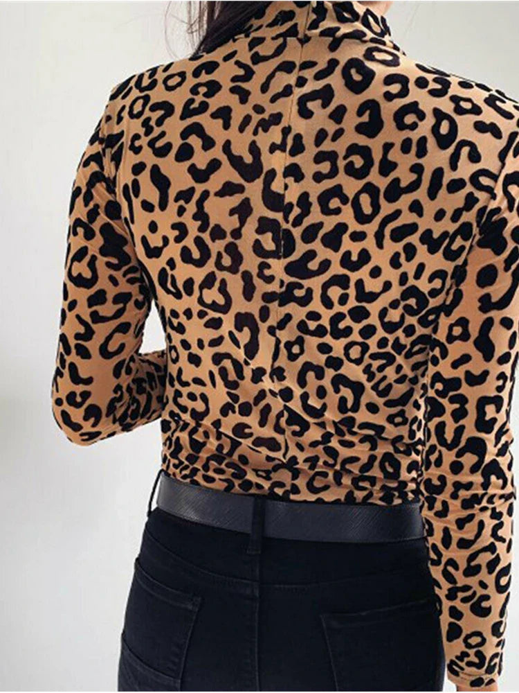 Women Blouses Fashion Leopard Print Turtle Neck Blouse Autumn Long Sleeve Shirts Party Ladies Clothes Womens Blouses And Tops