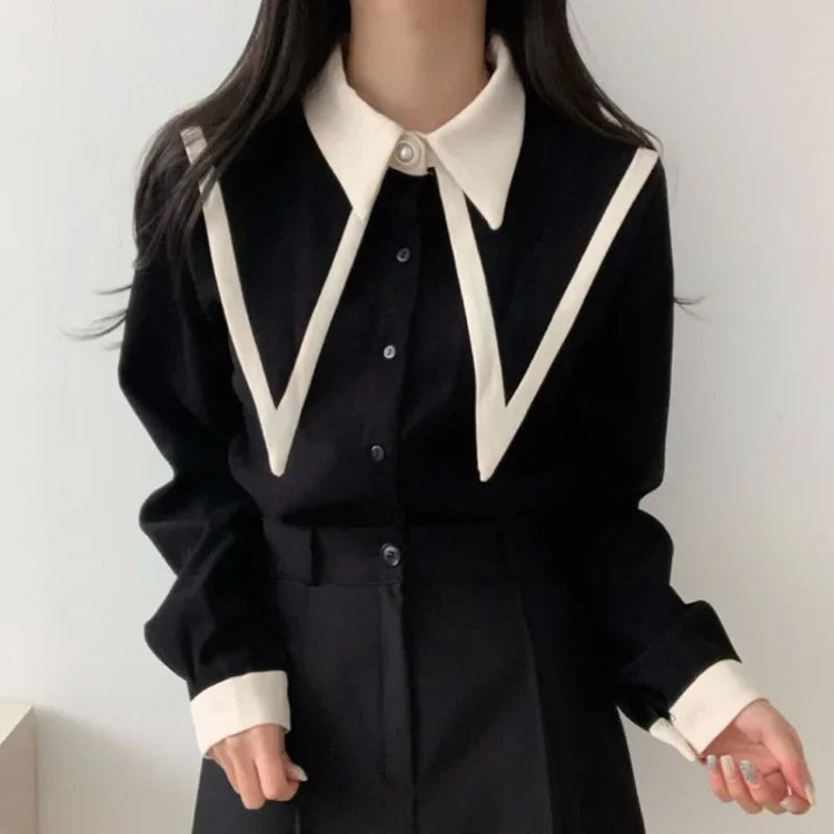 Elegant Vintage Edge Piping Peaked Collar Shirts Women Spring Loose Puff Sleeve Blouses Simple Single Breasted Tops