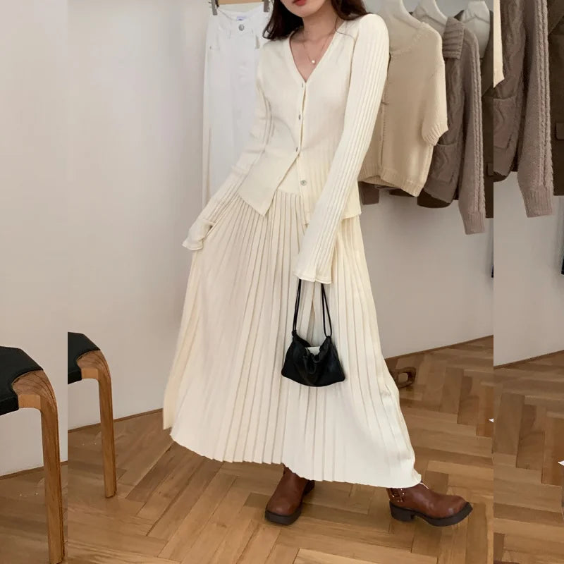 Autumn New Pleated Skirt Suit Women Korean Simple Knitted Top High Waist Skirt 2 Piece Set Winter Office Lady Elegant Outfit