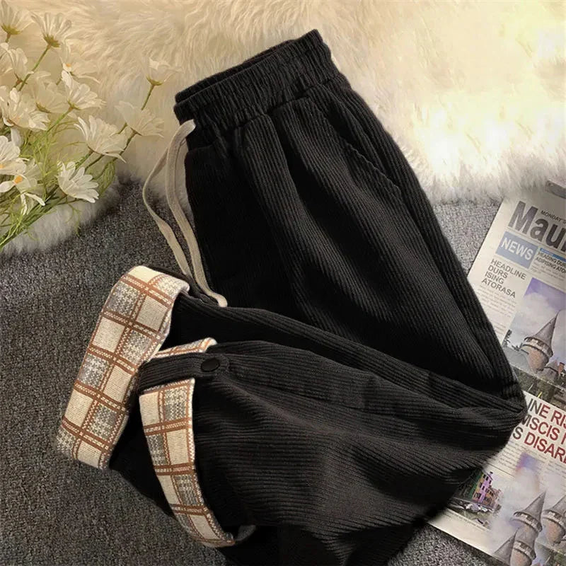 JMPRS Fashion Plaid Hemming Women Corduroy Pants High Waist Fall Black Korean Loose Straight Trousers Casual Drawstring Pants