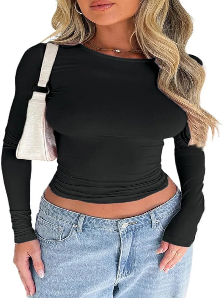 warmmeta Pink Long Sleeve Basic Tshirt Sexy Crop Top for Women 2024 Spring Autumn Causal O Neck Korea Y2k T-Shirt Slim White Tees Ladies