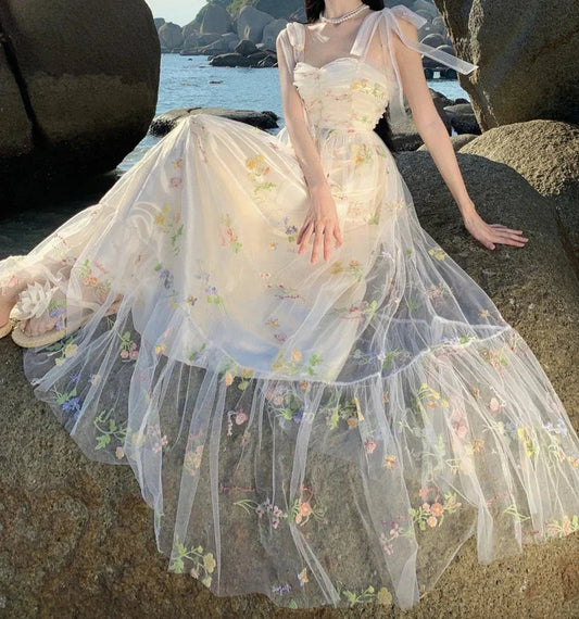 Petal Sea Embroidered Mesh Tulle Maxi Fairy Dress