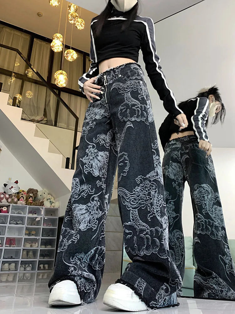 Dragon pattern print design Vintage Y2K jeans women autumn and winter personalized graffiti straight wide leg pants Streetwear