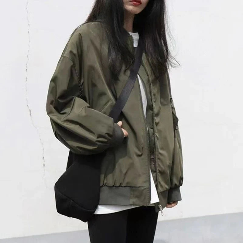 Y2K Autumn Oversized Solid Bomber Jacket Women Bf Harajuku Long Sleeve Stand Collar Zipper Coats Fashion Loose Casual Outerwear