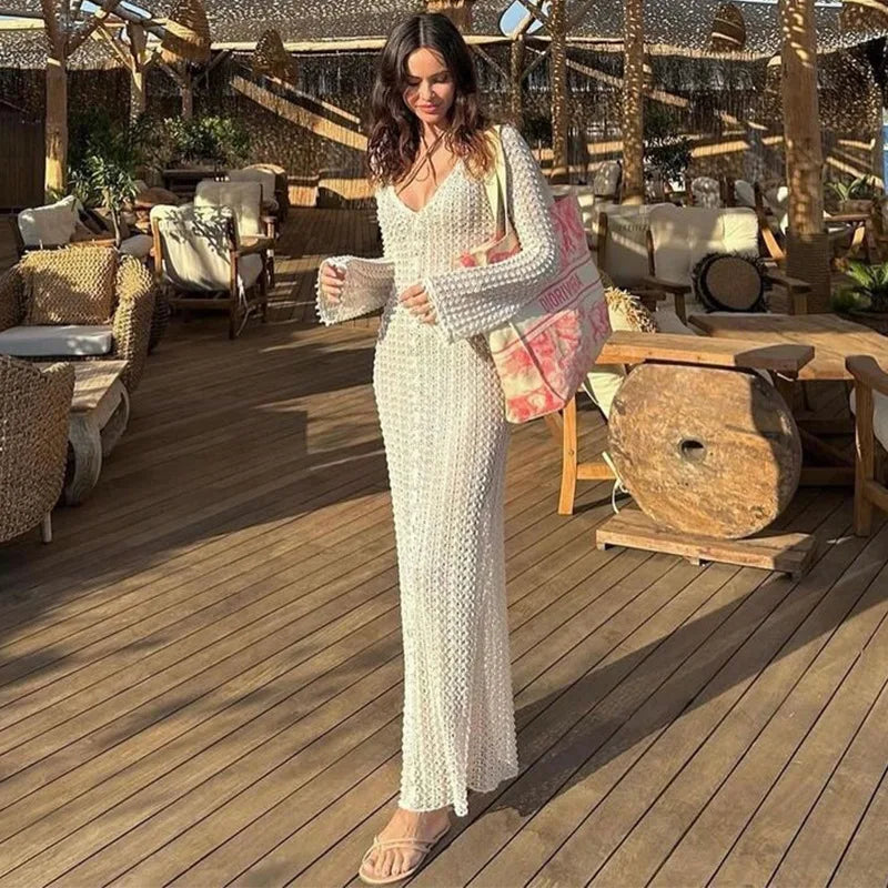 Solid Color Beach Cover-ups Swimsuit Women White Translucent Knitted Hollow Out Dress 2024 V-neck Long Sleeve Vacation Beachwear