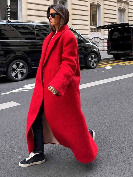 Fashion Red Lapel Woolen Coat Women Winter Thicken Long Sleeve Double Breasted Casual Overcoat Female Chic Street Loose Outwear