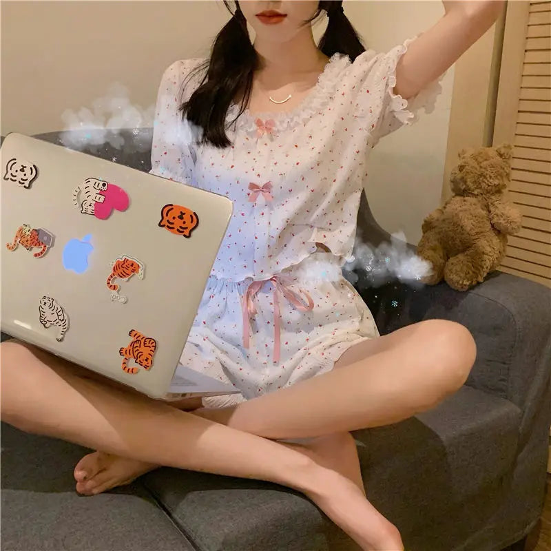 Floral Sleepwear Women Pajama Sets Teenage Girls Pijama Shorts Suit Home Summer Korean Lace Bow Night Wear for Sleeping 2 Pieces