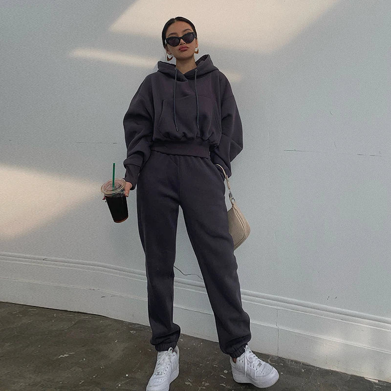 Wholesale Fall Winter Fleece Crop Hoodies and Pants 2 Piece Set Tracksuit Women Sports Outfits Two Piece Suit Mujer Solid Casual